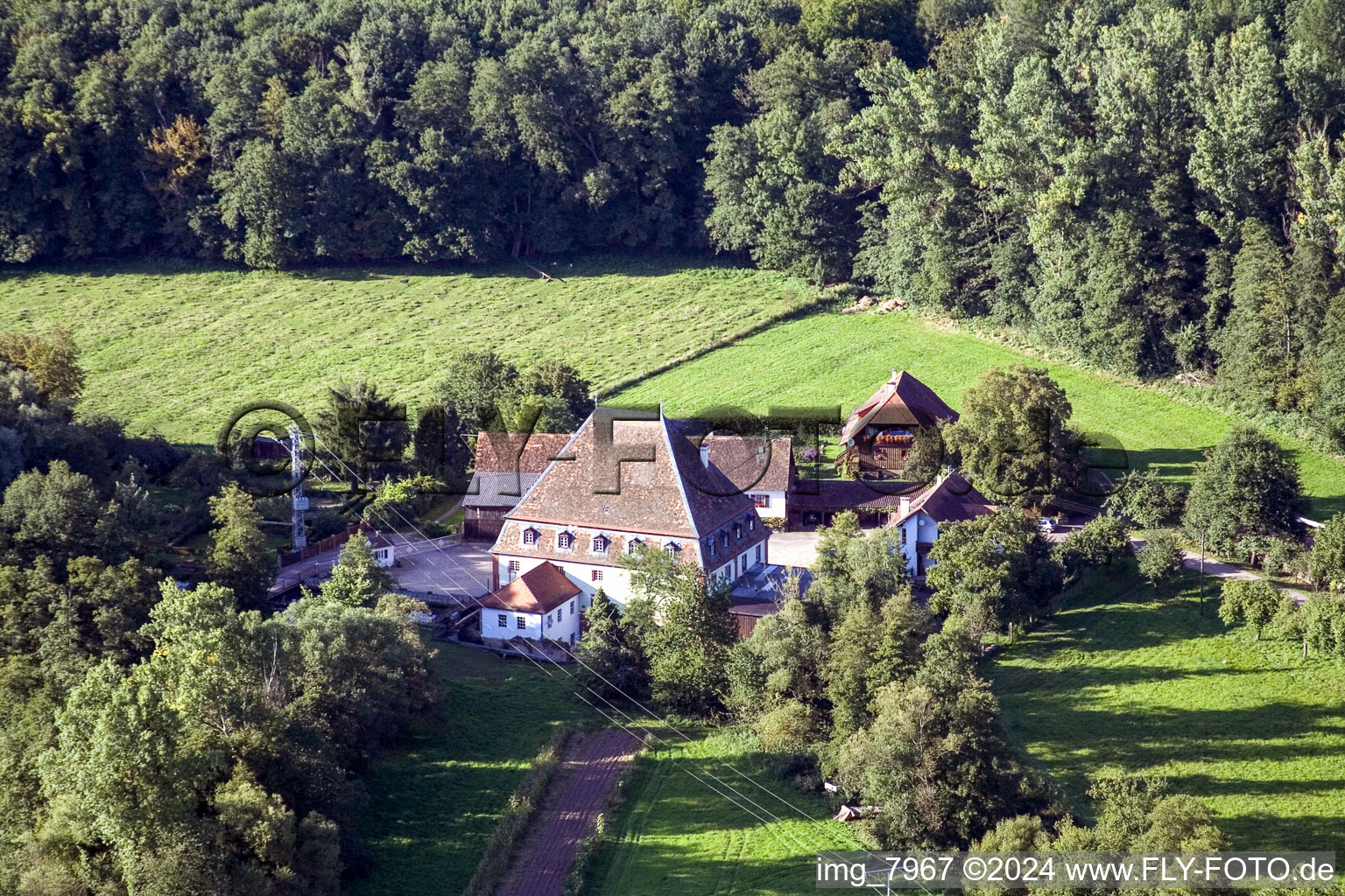 Historic watermill on a farm homestead on the edge of cultivated fields in the district Bienwaldmuehle in Scheibenhardt in the state Rhineland-Palatinate