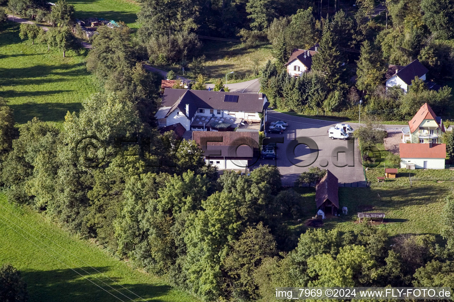 Aerial view of Bienwaldmühle in the state Rhineland-Palatinate, Germany