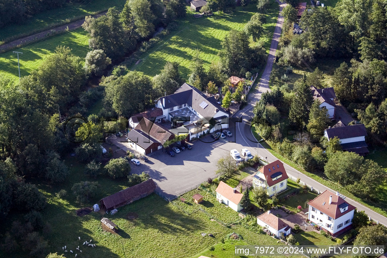 Bienwaldmühle in the state Rhineland-Palatinate, Germany from above