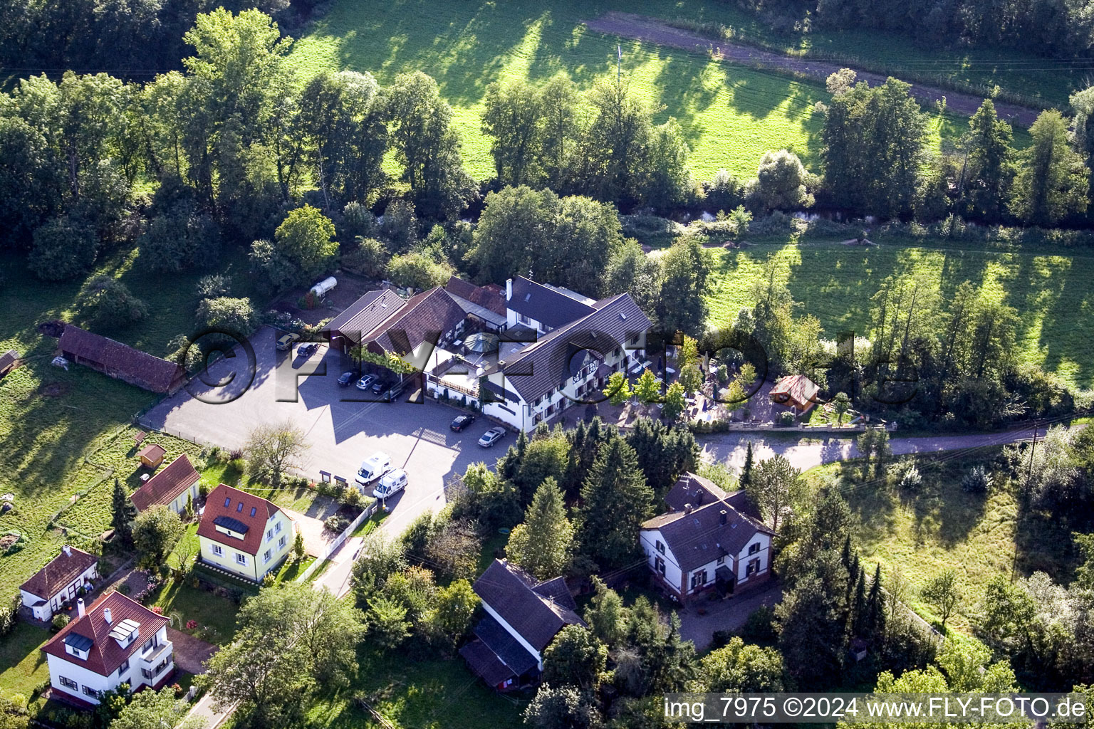 Bienwaldmühle in the state Rhineland-Palatinate, Germany seen from above