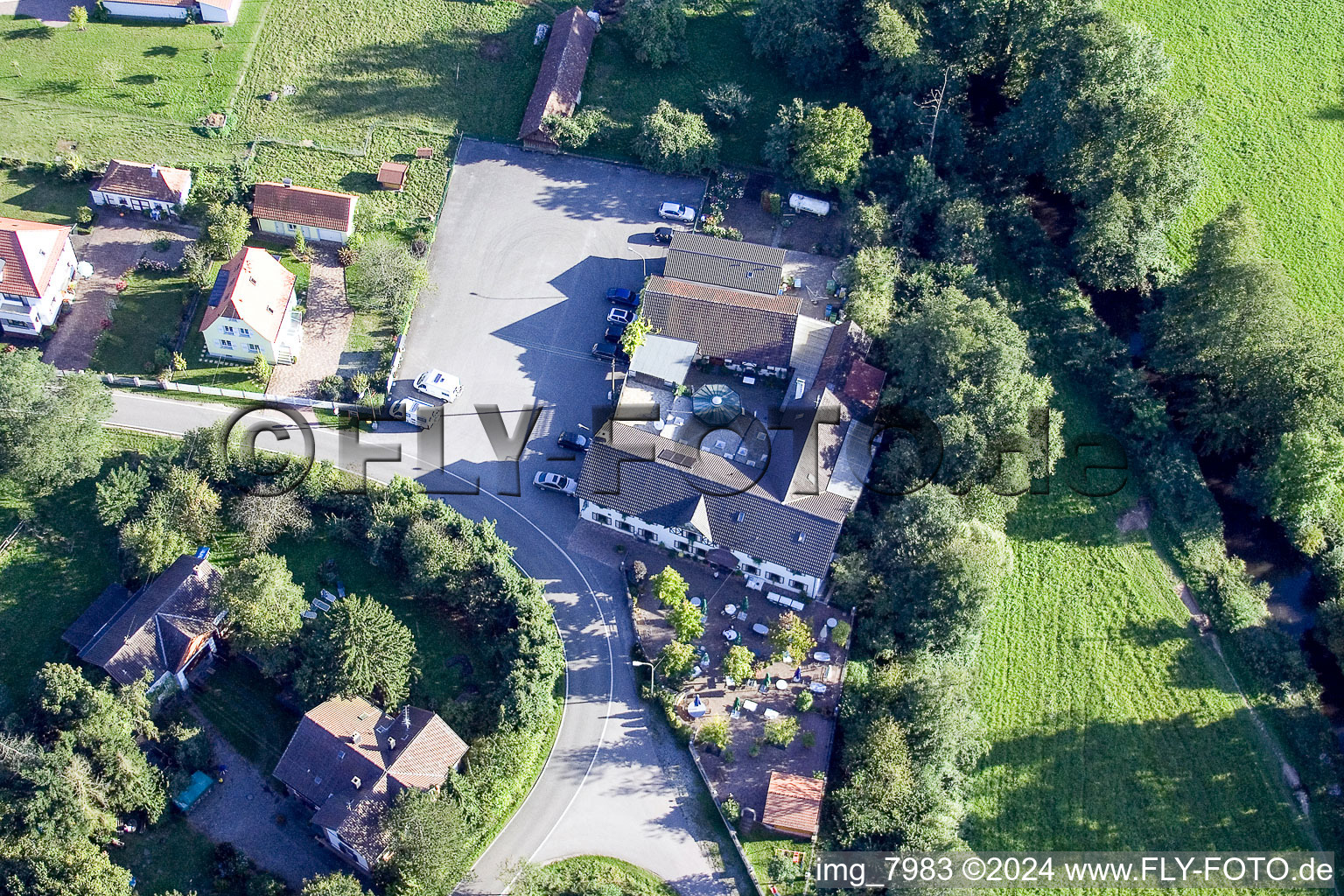 Bird's eye view of Bienwaldmühle in the state Rhineland-Palatinate, Germany