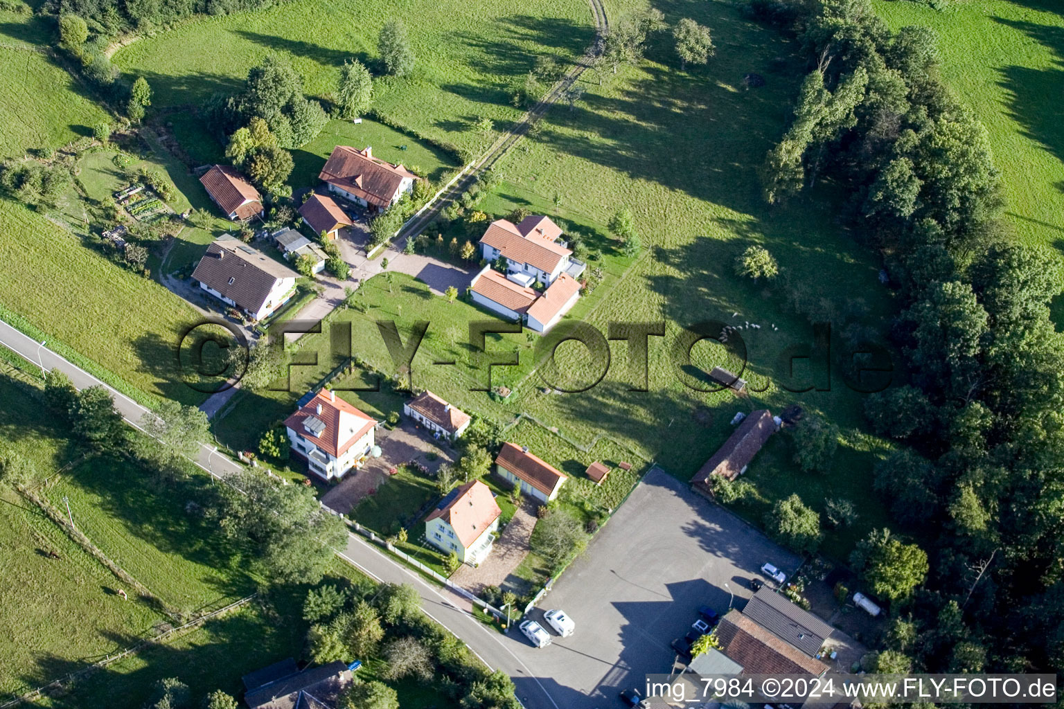 Bienwaldmühle in the state Rhineland-Palatinate, Germany viewn from the air