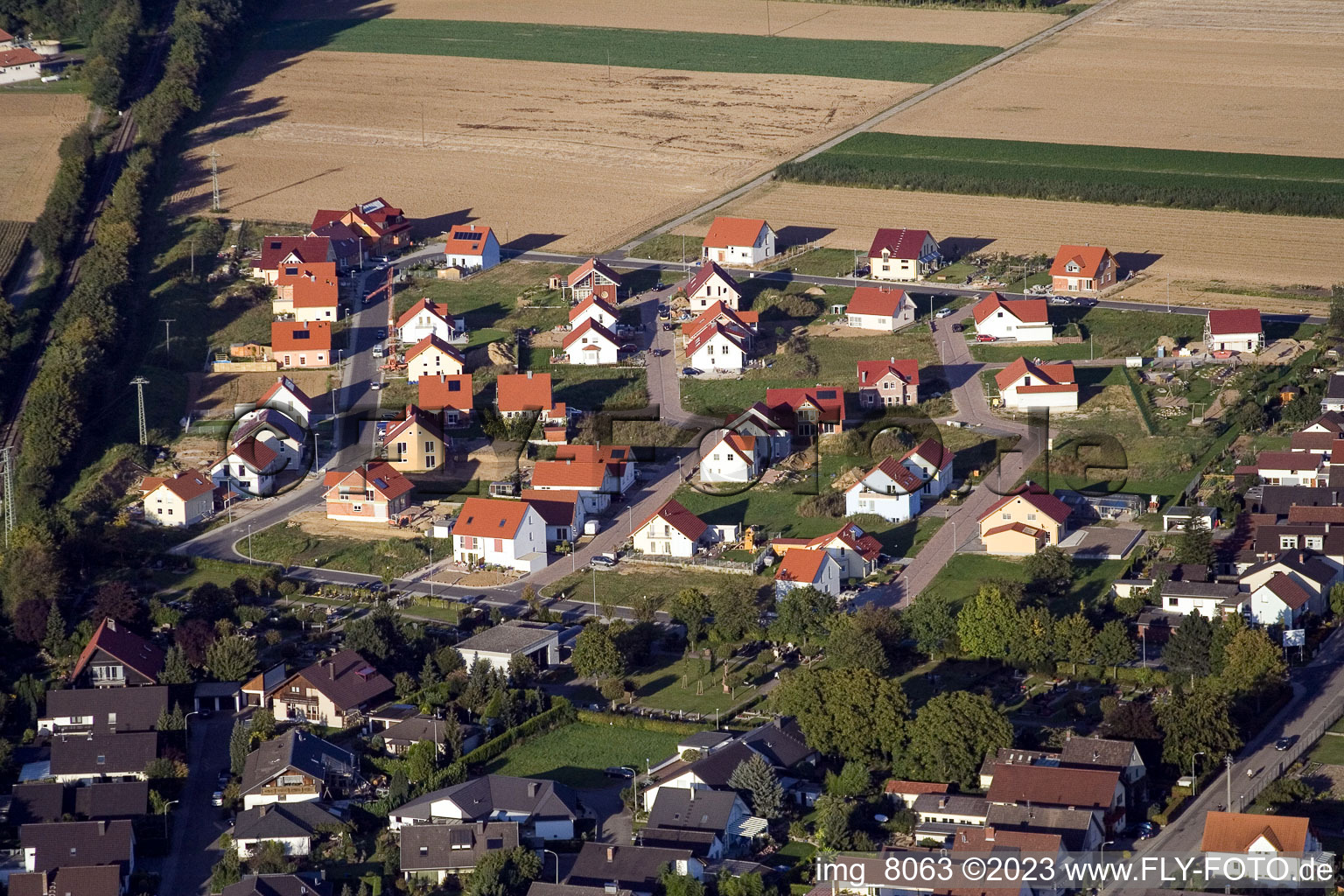 Aerial view of New development area in the district Schaidt in Wörth am Rhein in the state Rhineland-Palatinate, Germany