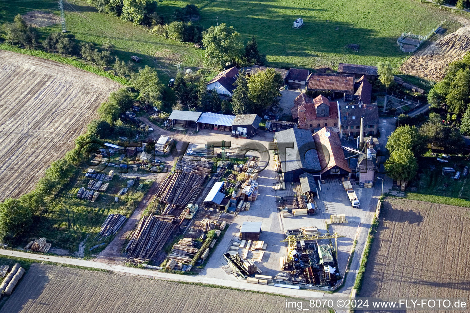 Aerial view of Schaidter Mühle (Orth sawmill) in the district Schaidt in Wörth am Rhein in the state Rhineland-Palatinate, Germany