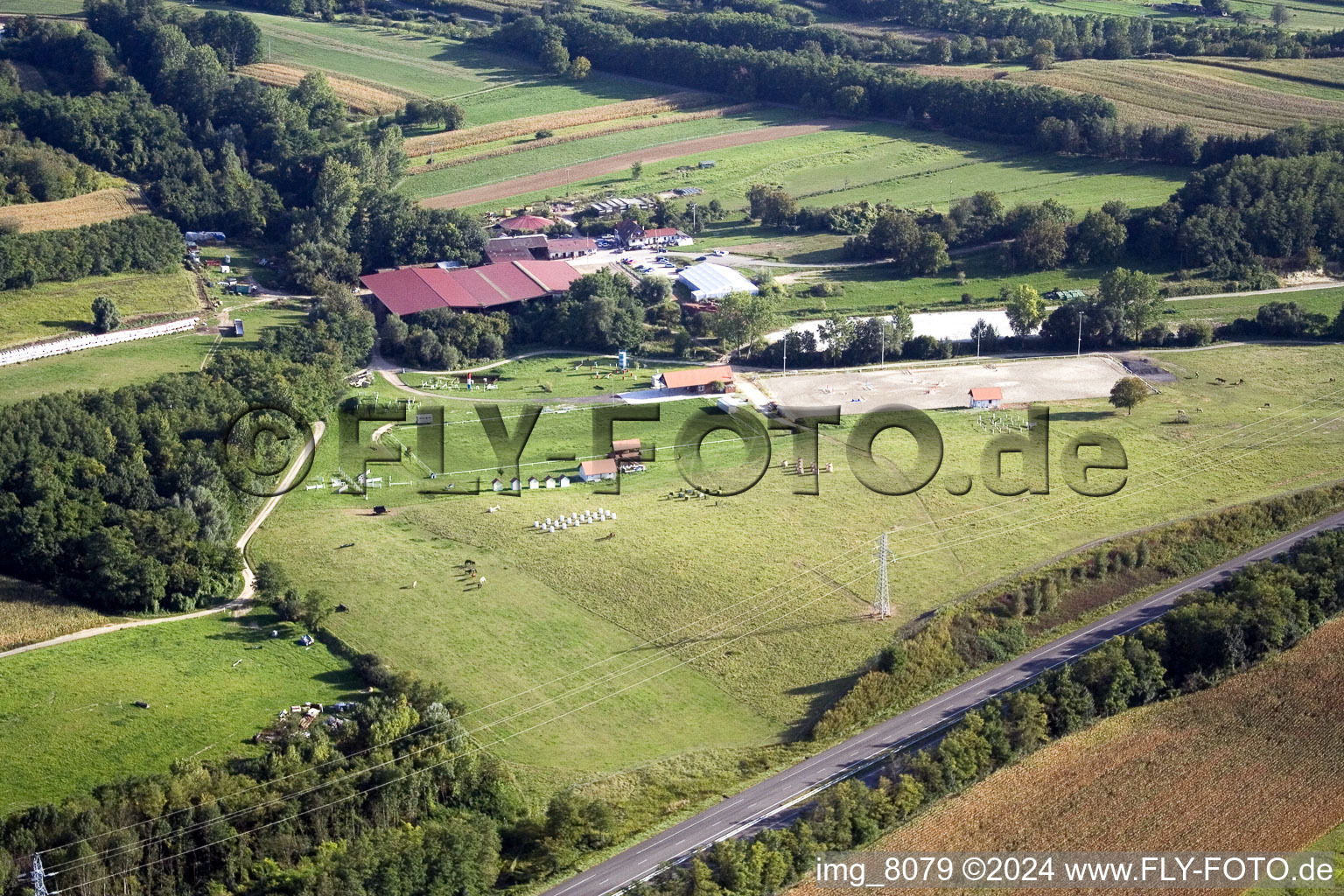 Aerial view of Riding stable in Neewiller-près-Lauterbourg in the state Bas-Rhin, France