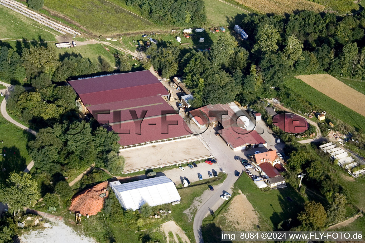 Riding stable in Neewiller-près-Lauterbourg in the state Bas-Rhin, France seen from above