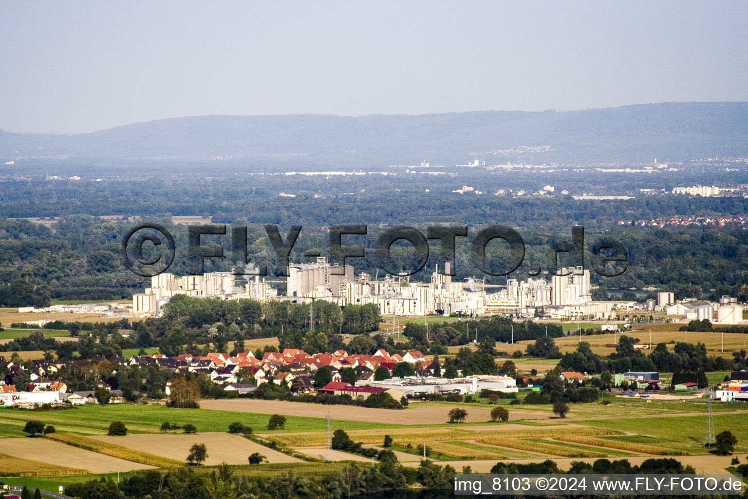 Aerial view of Industry on the Rhine in Beinheim in the state Bas-Rhin, France