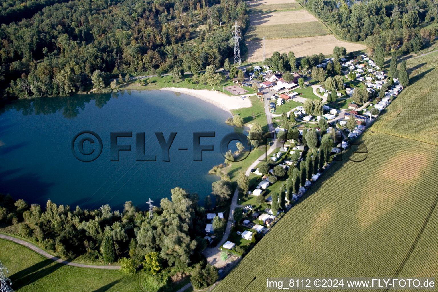 Aerial view of Camping with caravans and tents in RA?schwoog in Grand Est, France