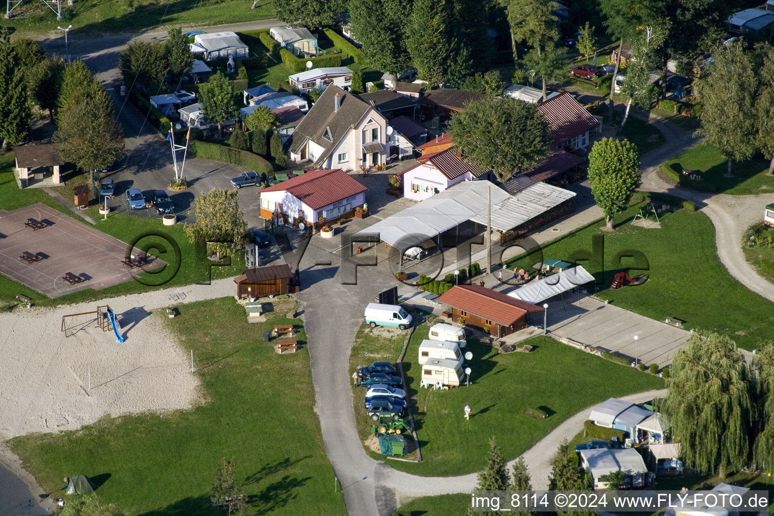 Aerial view of Roeschwoog campsite in Rœschwoog in the state Bas-Rhin, France