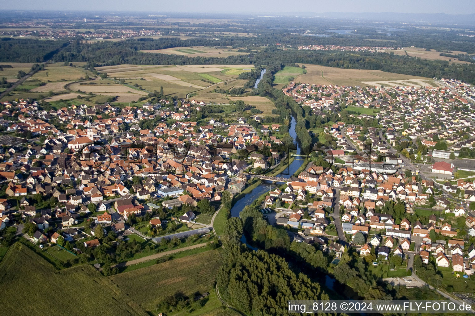 Drusenheim in the state Bas-Rhin, France viewn from the air