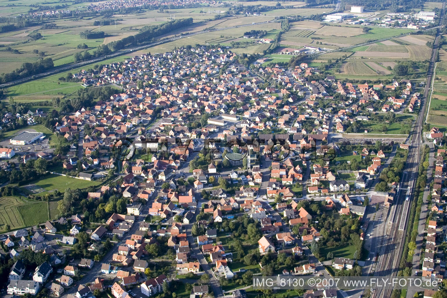 Aerial view of Offendorf in the state Bas-Rhin, France