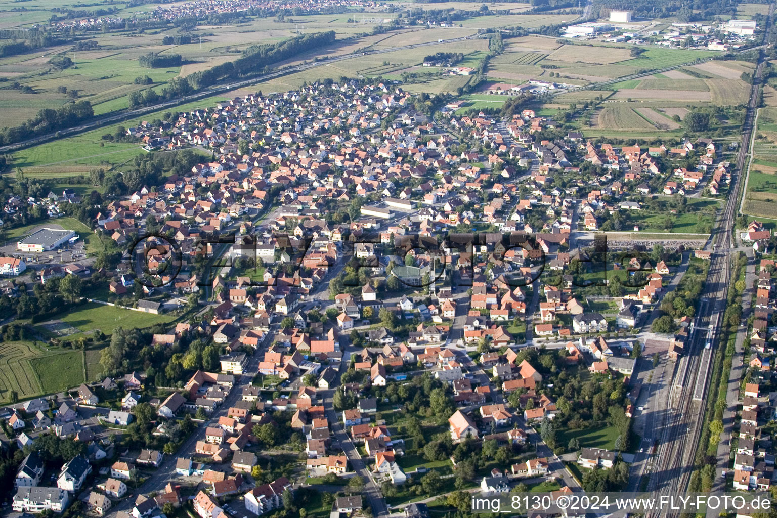 Aerial view of Offendorf in the state Bas-Rhin, France