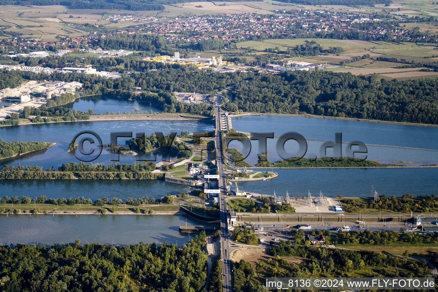 Aerial view of Dam Rheinau - Gambsheim in the district Freistett in Rheinau in the state Baden-Wuerttemberg, Germany