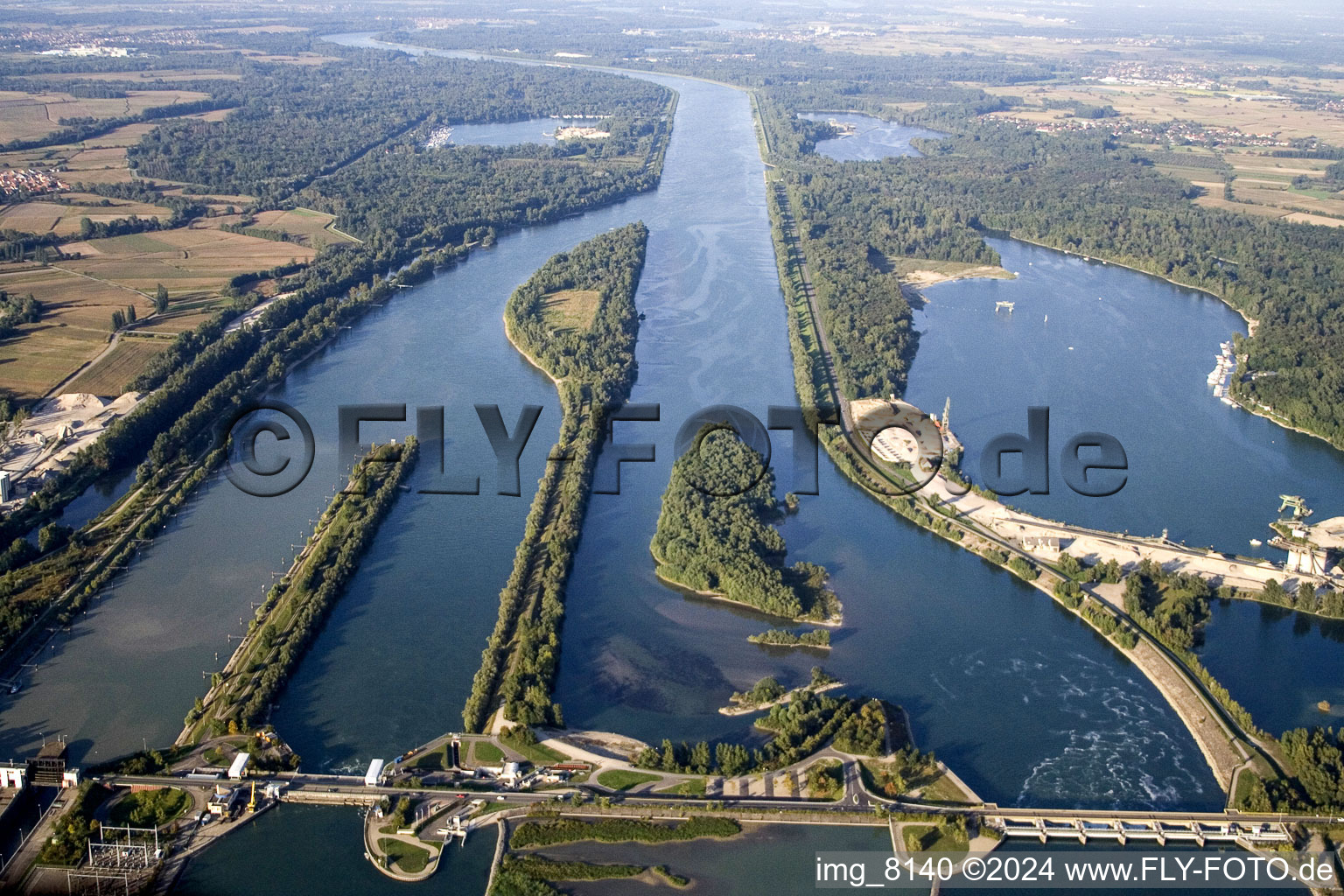Aerial photograpy of Locks - plants and fish staircase on the banks of the waterway of the Rhein between Gambsheim and Freistett in the district Freistett in Rheinau in the state Baden-Wurttemberg, Germany