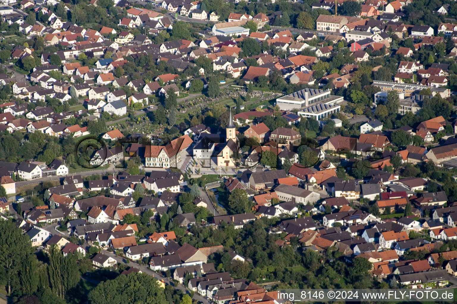 Aerial view of Rheinbischofsheim in the district Freistett in Rheinau in the state Baden-Wuerttemberg, Germany