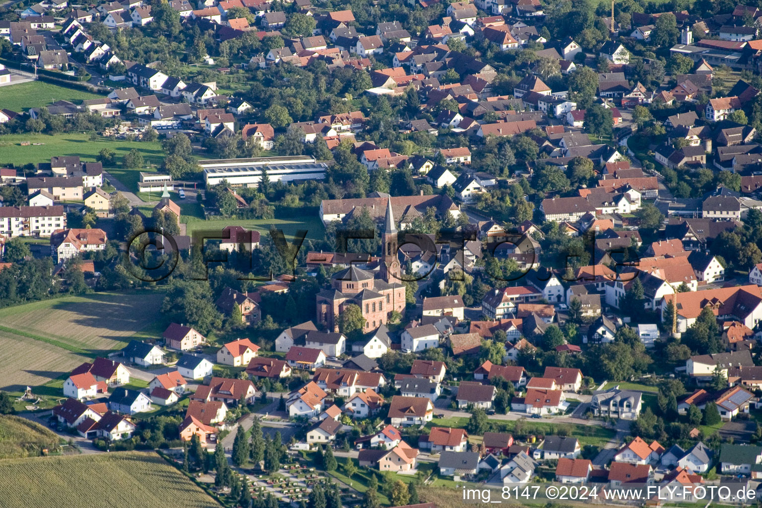 Aerial photograpy of Rheinbischofsheim in the district Freistett in Rheinau in the state Baden-Wuerttemberg, Germany