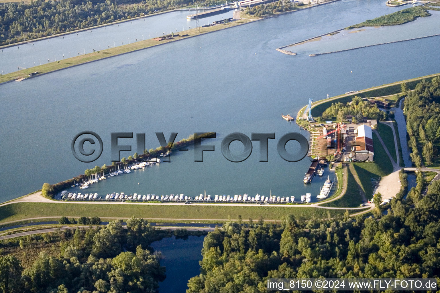 Aerial view of Karcher Schiffswerft GmbH, marina in the district Freistett in Rheinau in the state Baden-Wuerttemberg, Germany