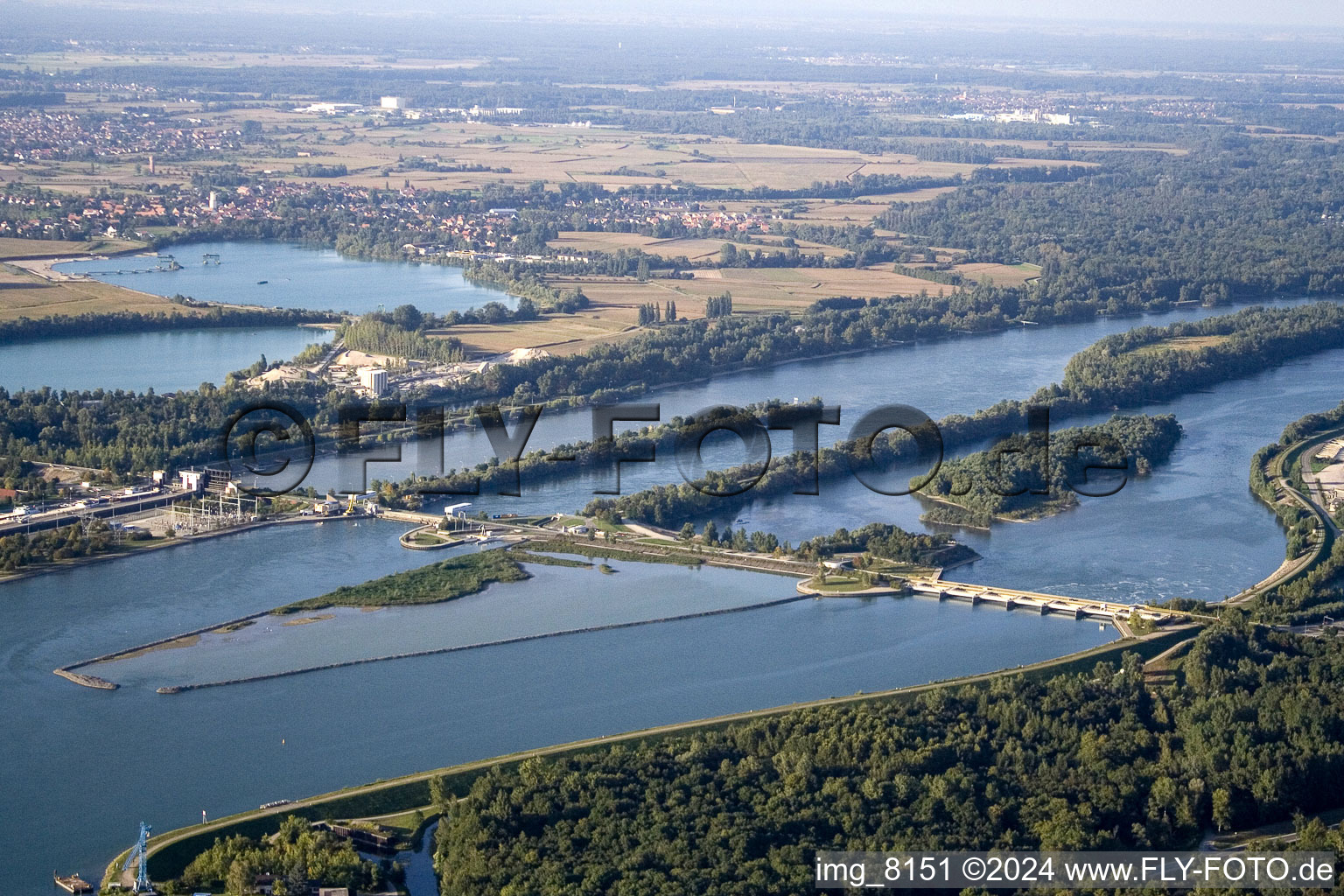 Dam Rheinau - Gambsheim from the southeast in the district Freistett in Rheinau in the state Baden-Wuerttemberg, Germany