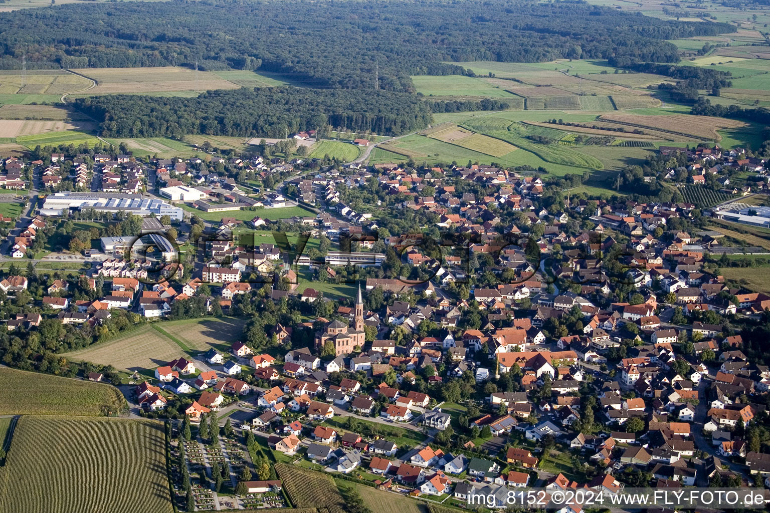 Aerial view of Church building in the village of in the district Rheinbischofsheim in Rheinau in the state Baden-Wurttemberg, Germany
