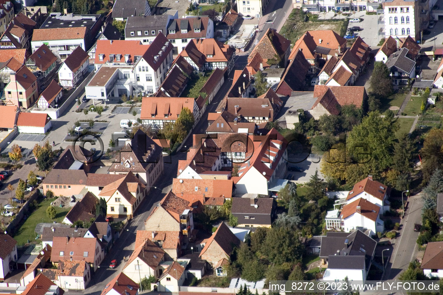Aerial view of Bahnhofstrasse in Kandel in the state Rhineland-Palatinate, Germany