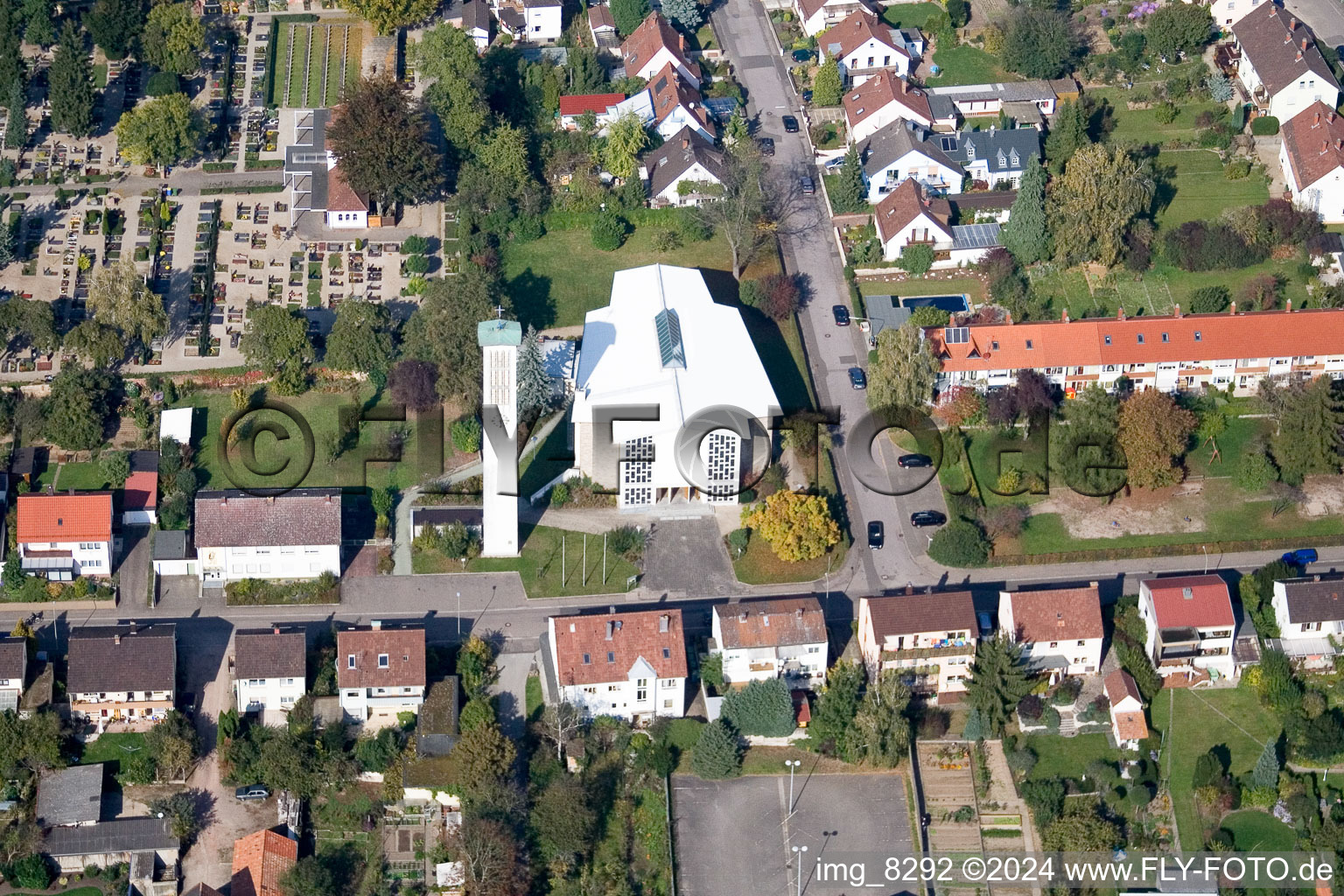 Aerial view of Catholic St. Pius Church in Kandel in the state Rhineland-Palatinate, Germany