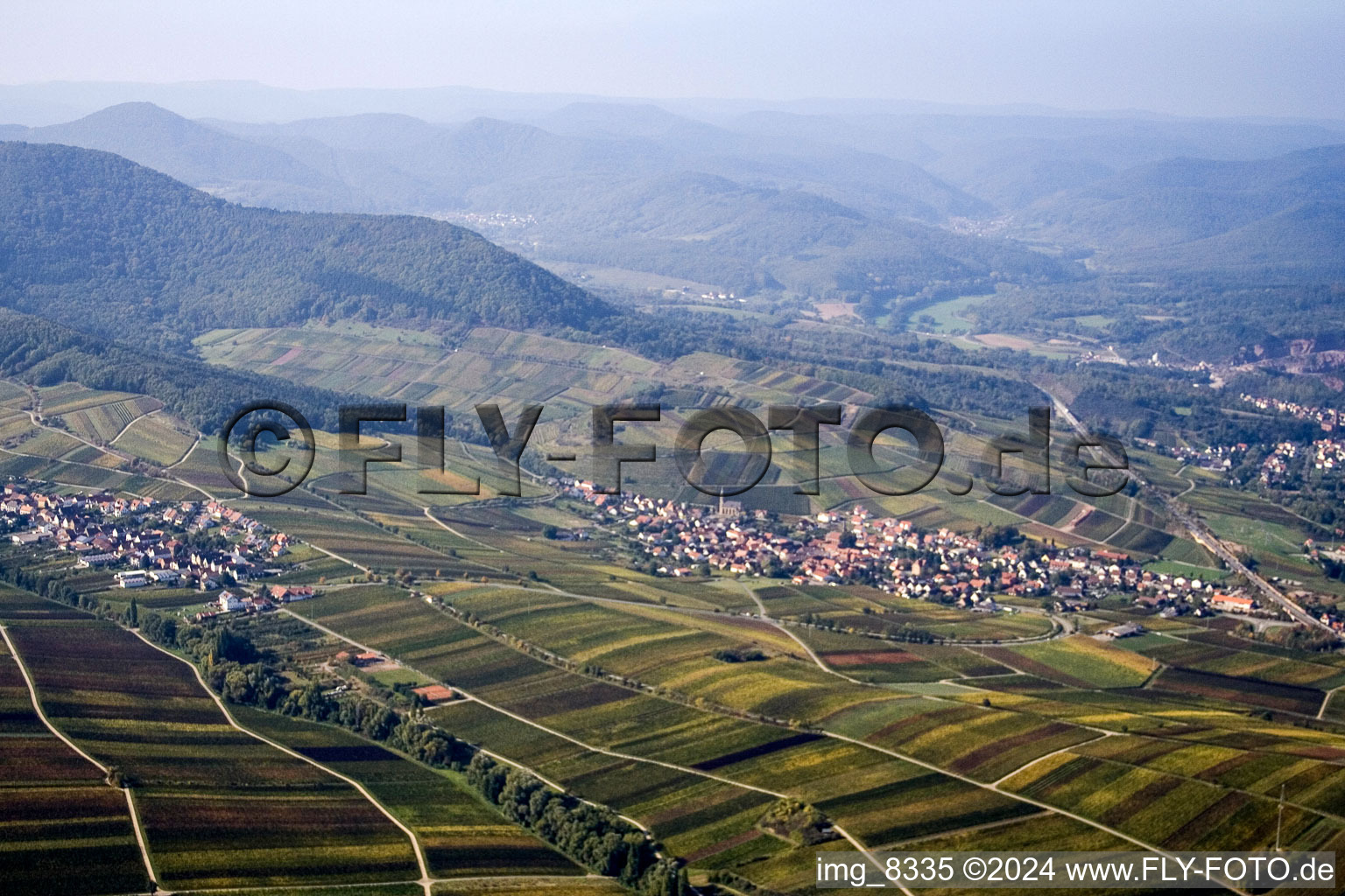 Aerial view of Ranschbach and Birkweiler in Birkweiler in the state Rhineland-Palatinate, Germany