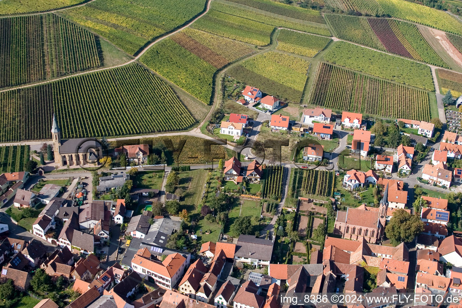 Village view of Birkweiler in the state Rhineland-Palatinate viewn from the air