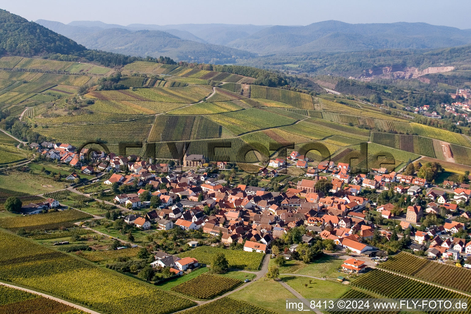 Drone image of Village view of Birkweiler in the state Rhineland-Palatinate