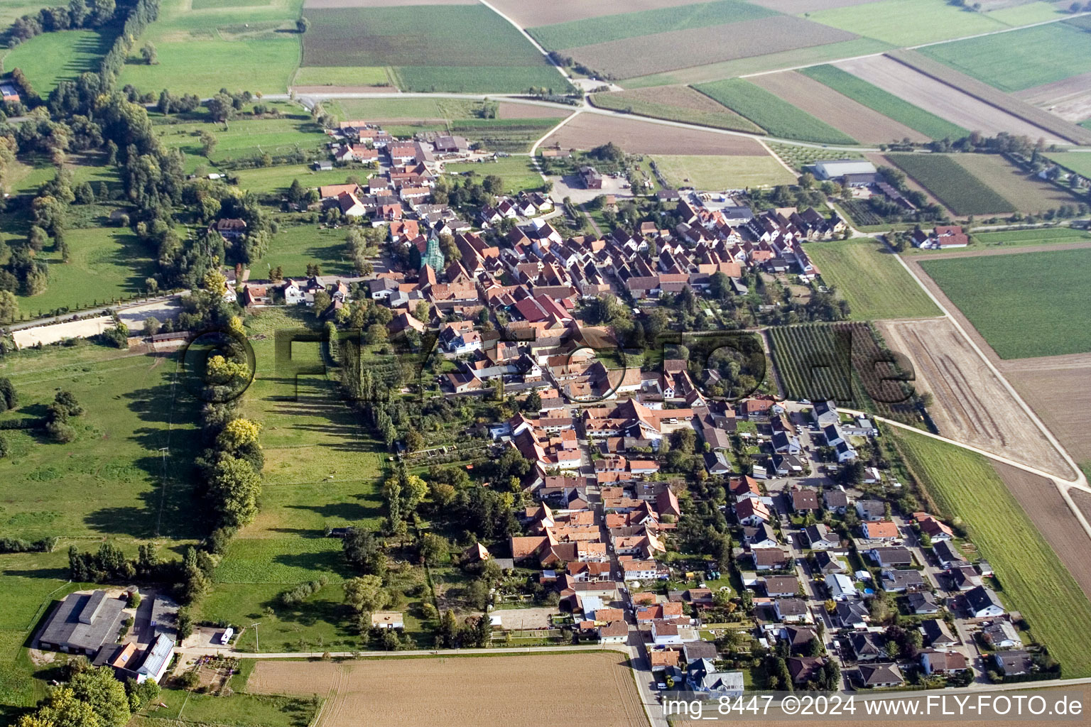 Town View of the streets and houses of the residential areas in the district Muehlhofen in Billigheim-Ingenheim in the state Rhineland-Palatinate out of the air