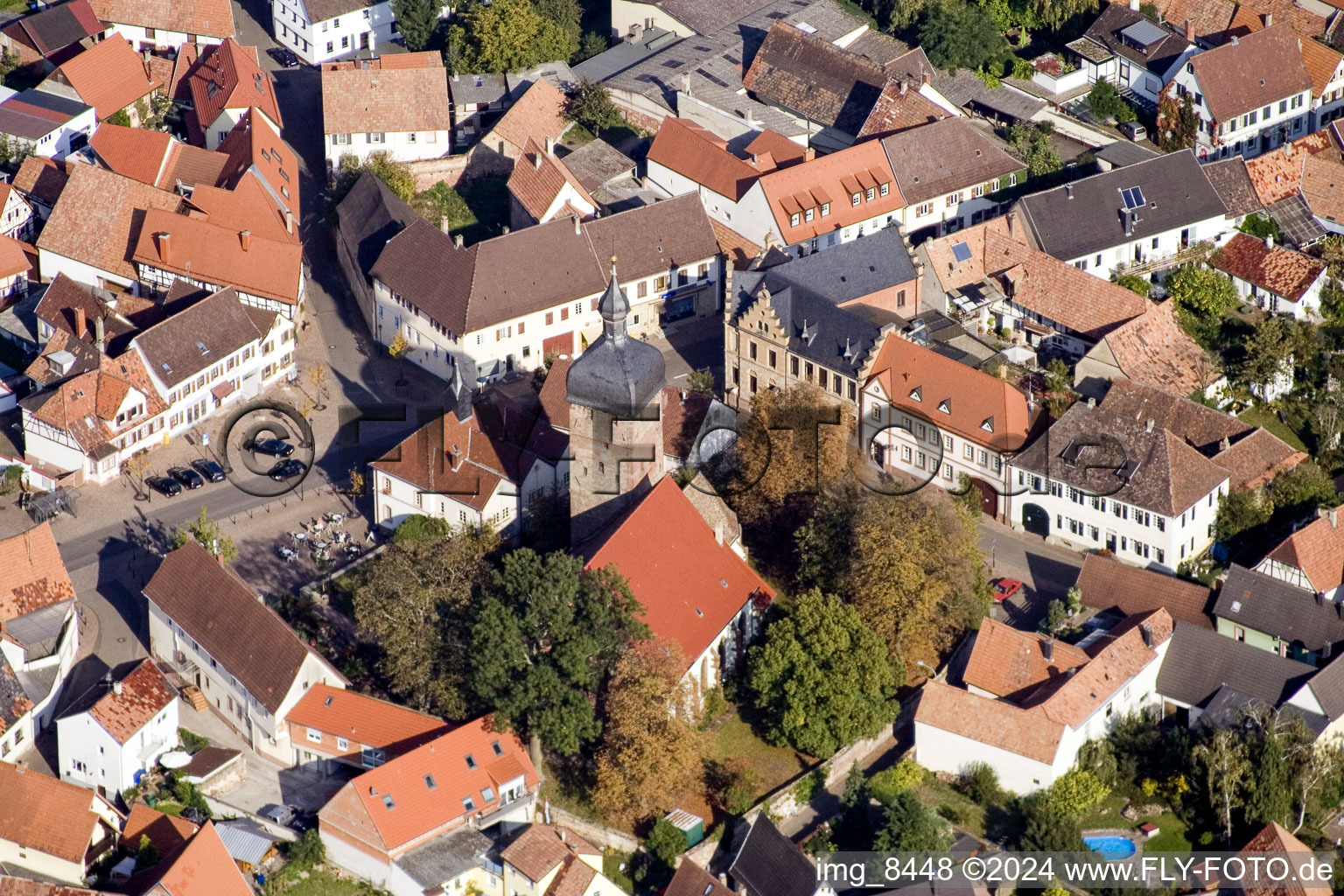 Oblique view of Town View of the streets and houses of the residential areas in Billigheim-Ingenheim in the state Rhineland-Palatinate