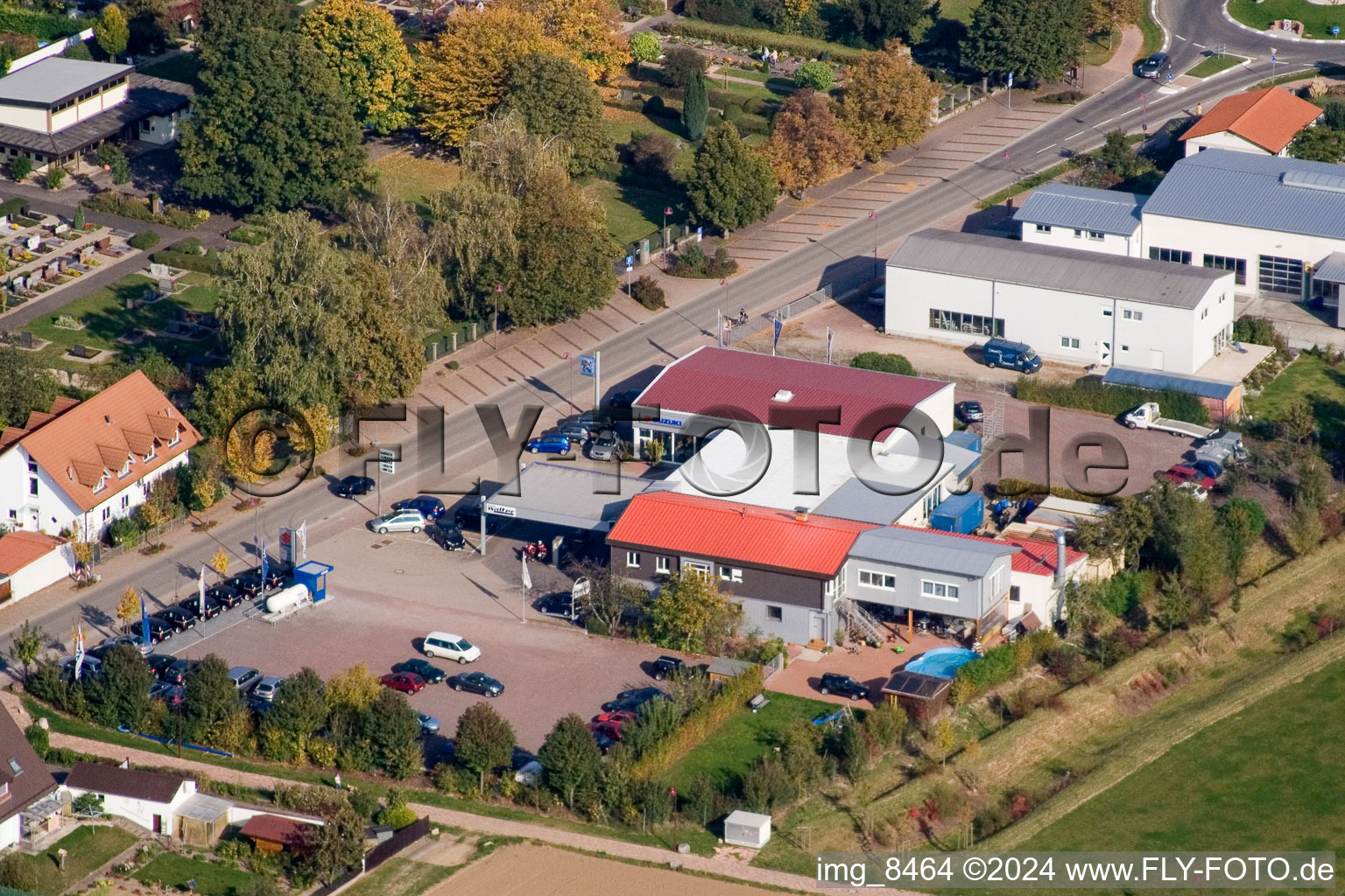 Aerial view of Car dealership Frank in Steinweiler in the state Rhineland-Palatinate, Germany