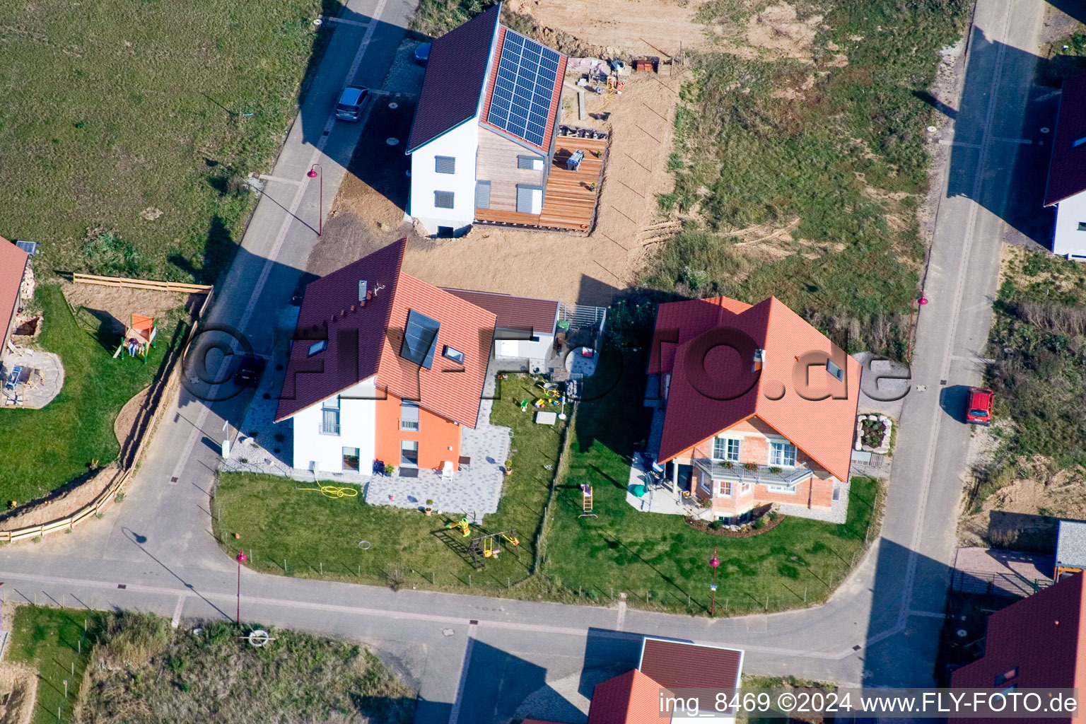 Aerial view of New development area in the Brotäckern in Steinweiler in the state Rhineland-Palatinate, Germany