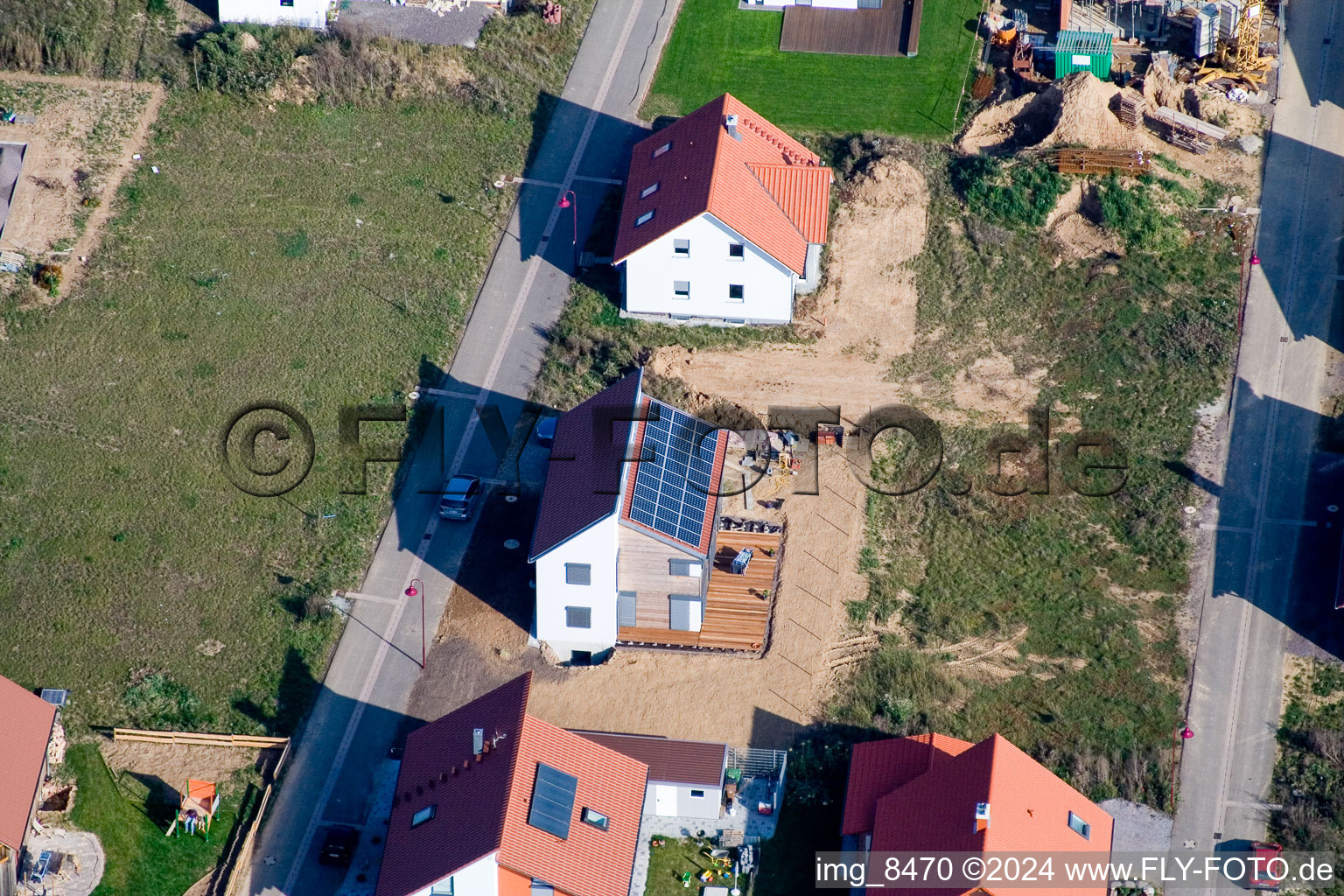 Aerial photograpy of New development area in the Brotäckern in Steinweiler in the state Rhineland-Palatinate, Germany