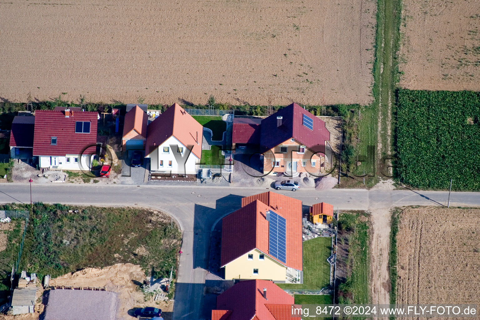 Oblique view of New development area in the Brotäckers in Steinweiler in the state Rhineland-Palatinate, Germany