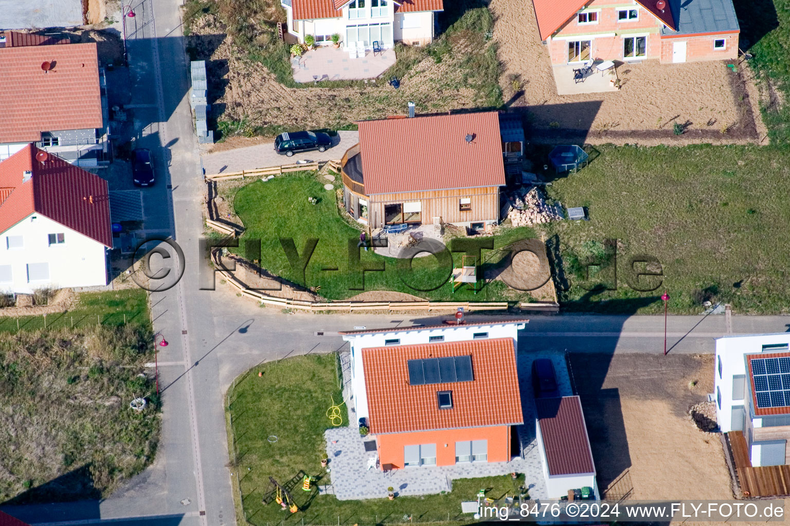 New development area in the Brotäckers in Steinweiler in the state Rhineland-Palatinate, Germany from the plane