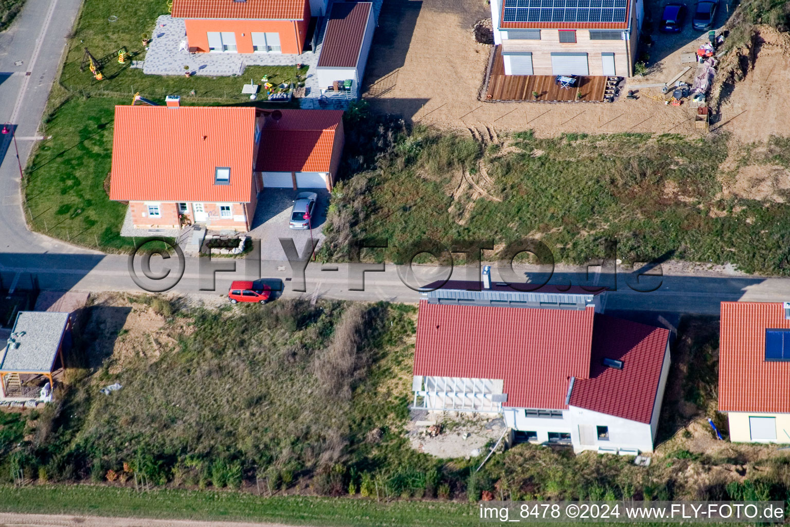 New development area in the Brotäckern in Steinweiler in the state Rhineland-Palatinate, Germany viewn from the air