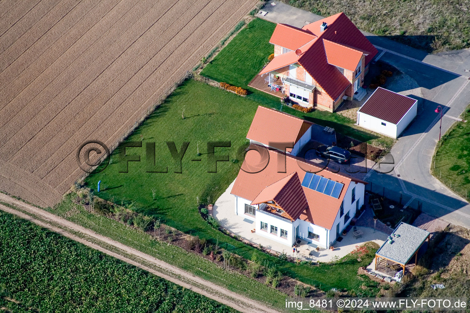 Drone image of New development area in the Brotäckern in Steinweiler in the state Rhineland-Palatinate, Germany