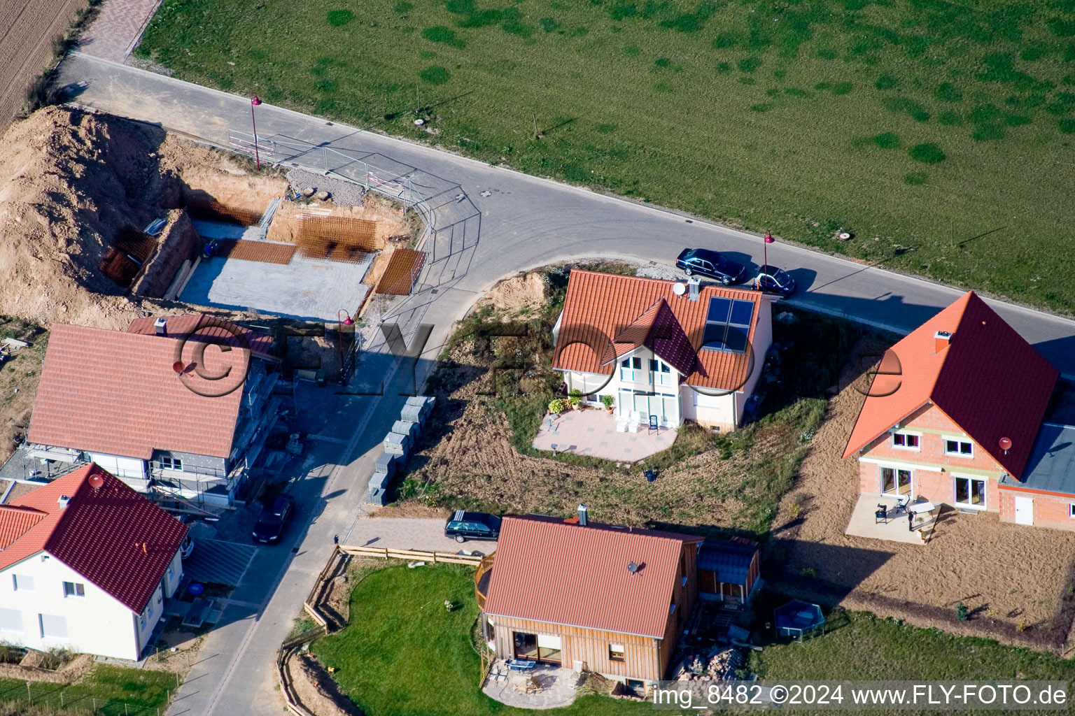 New development area in the Brotäckern in Steinweiler in the state Rhineland-Palatinate, Germany from the drone perspective