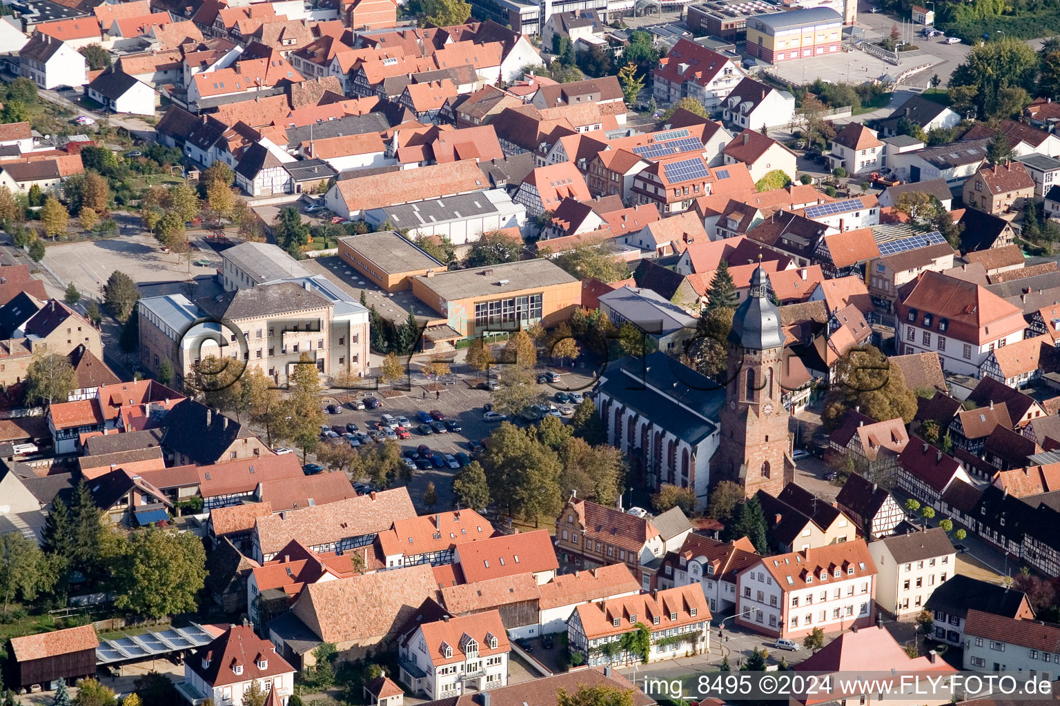 Market square, festival hall, Georg Riedinger primary school, St. George's Church in Kandel in the state Rhineland-Palatinate, Germany