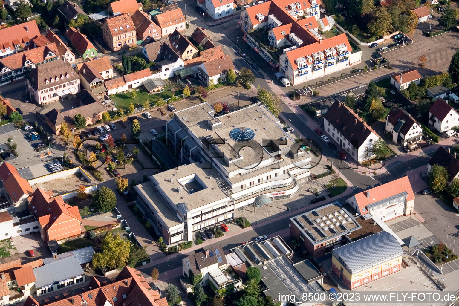 Savings Bank in Kandel in the state Rhineland-Palatinate, Germany seen from above