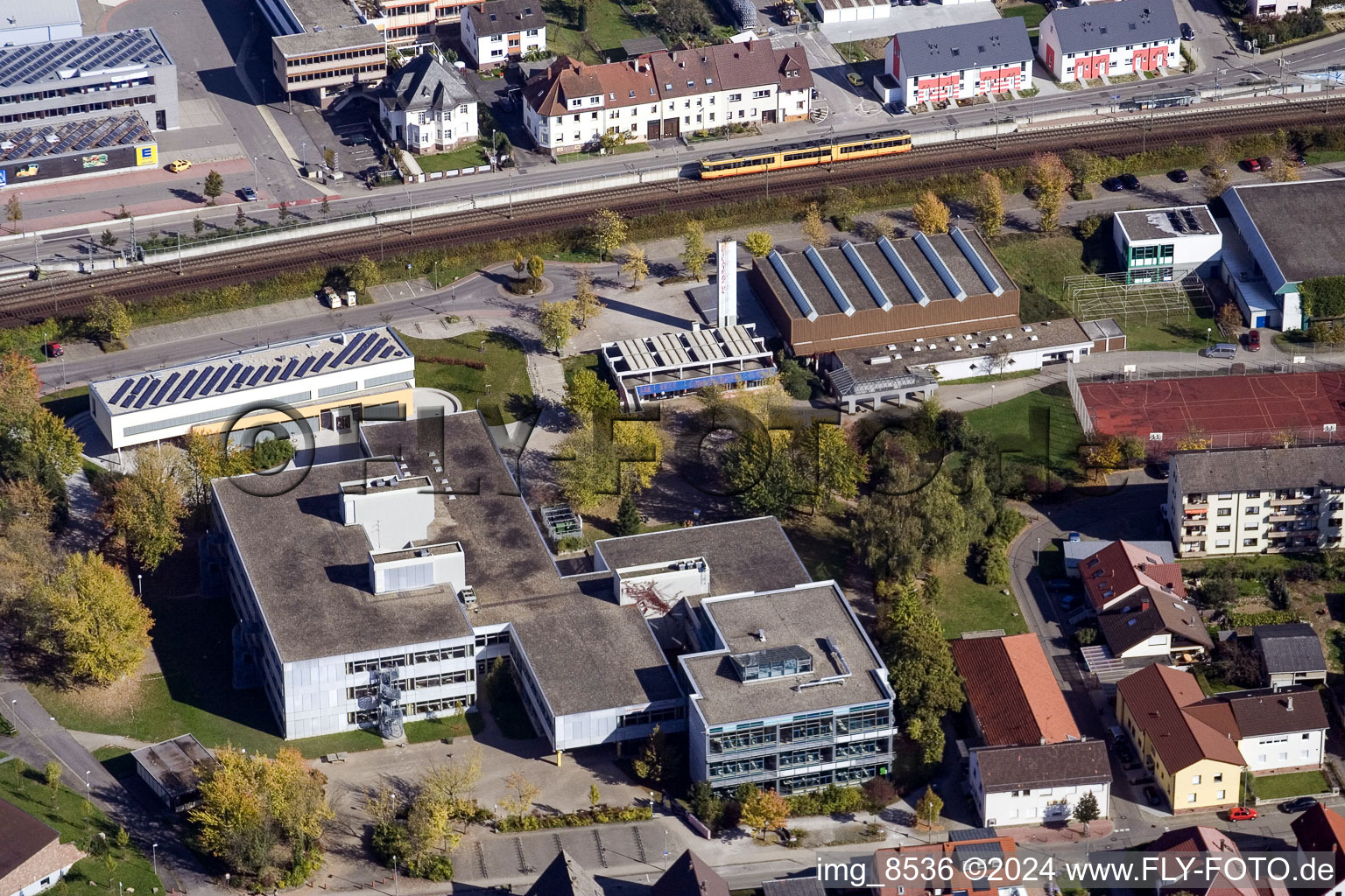 School building of the Ludwig-Marum-Gymnasium Pfinztal in the district Berghausen in Pfinztal in the state Baden-Wurttemberg viewn from the air