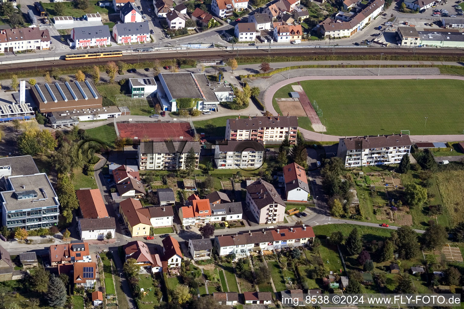 Drone recording of School building of the Ludwig-Marum-Gymnasium Pfinztal in the district Berghausen in Pfinztal in the state Baden-Wurttemberg