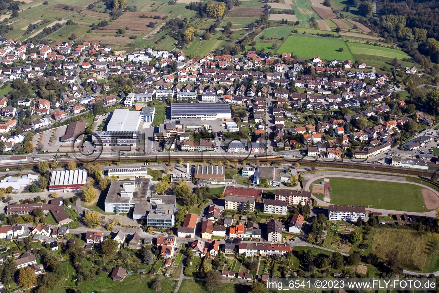 School building of the Ludwig-Marum-Gymnasium Pfinztal in the district Berghausen in Pfinztal in the state Baden-Wurttemberg from the drone perspective