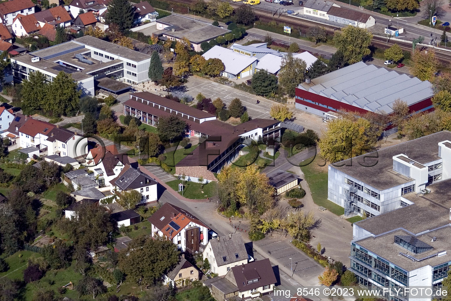 School building of the Ludwig-Marum-Gymnasium Pfinztal in the district Berghausen in Pfinztal in the state Baden-Wurttemberg seen from a drone