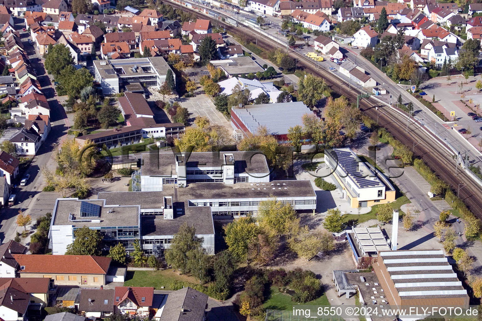 Aerial view of School building of the Ludwig-Marum-Gymnasium Pfinztal in the district Berghausen in Pfinztal in the state Baden-Wurttemberg