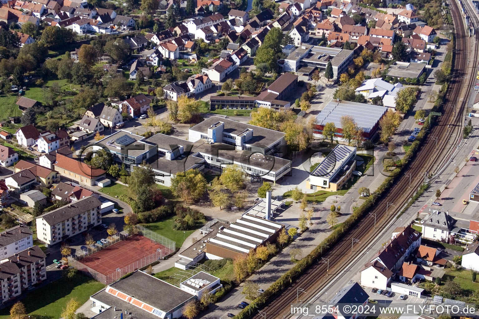 Oblique view of School building of the Ludwig-Marum-Gymnasium Pfinztal in the district Berghausen in Pfinztal in the state Baden-Wurttemberg