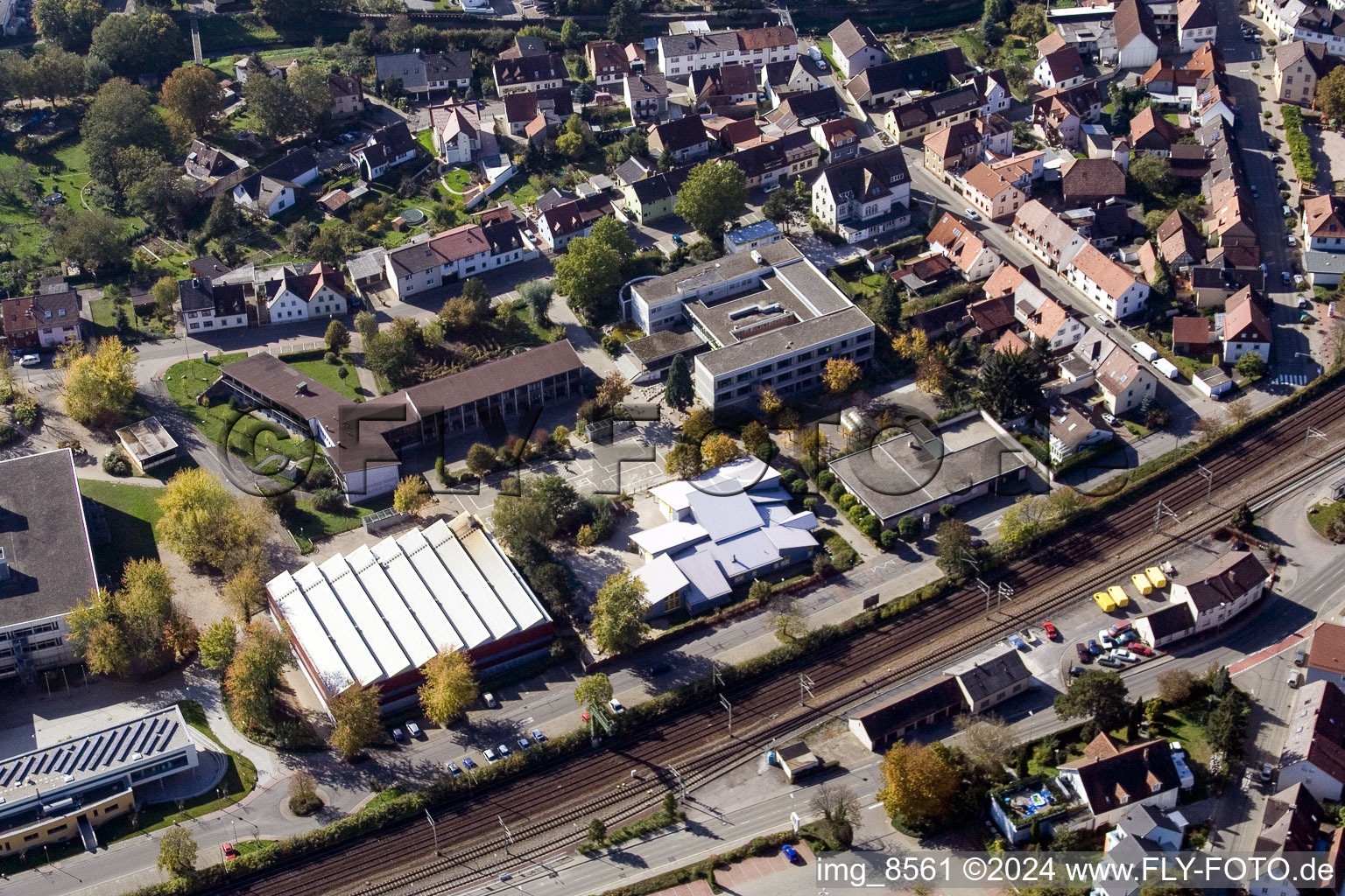 School building of the Ludwig-Marum-Gymnasium Pfinztal in the district Berghausen in Pfinztal in the state Baden-Wurttemberg out of the air