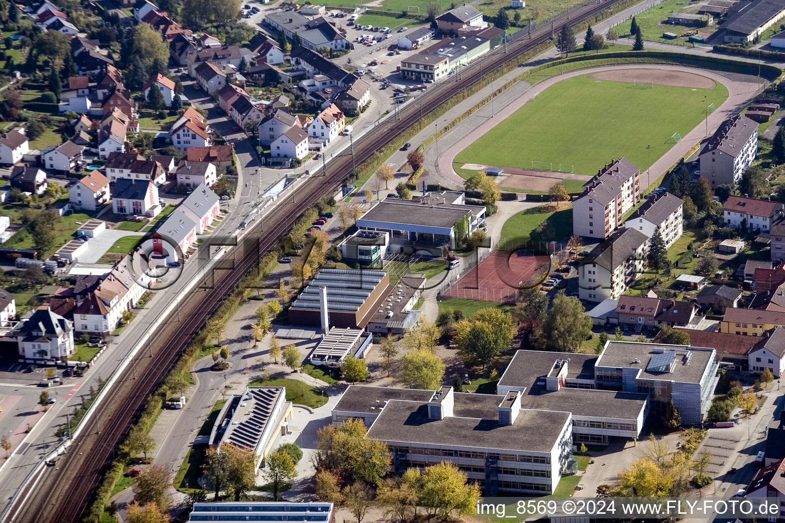 Aerial view of TSV Berghausen Stadium in the district Berghausen in Pfinztal in the state Baden-Wuerttemberg, Germany