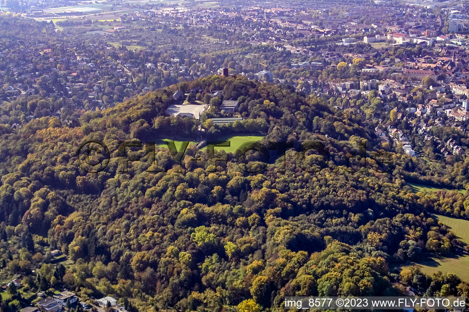 Aerial photograpy of Turmberg from the east in the district Durlach in Karlsruhe in the state Baden-Wuerttemberg, Germany