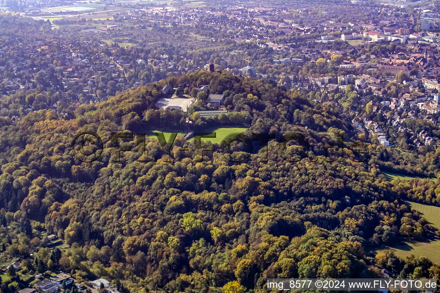 Aerial photograpy of Turmberg from the east in the district Durlach in Karlsruhe in the state Baden-Wuerttemberg, Germany